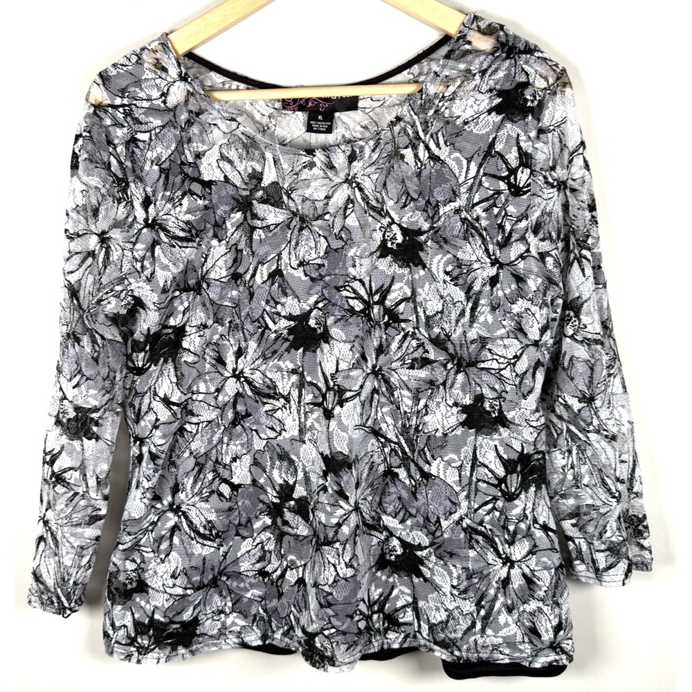 Peck & Peck Top Womens XL Burnout Blouse 3/4 Sleeve Floral Embroidered Y2K Retro